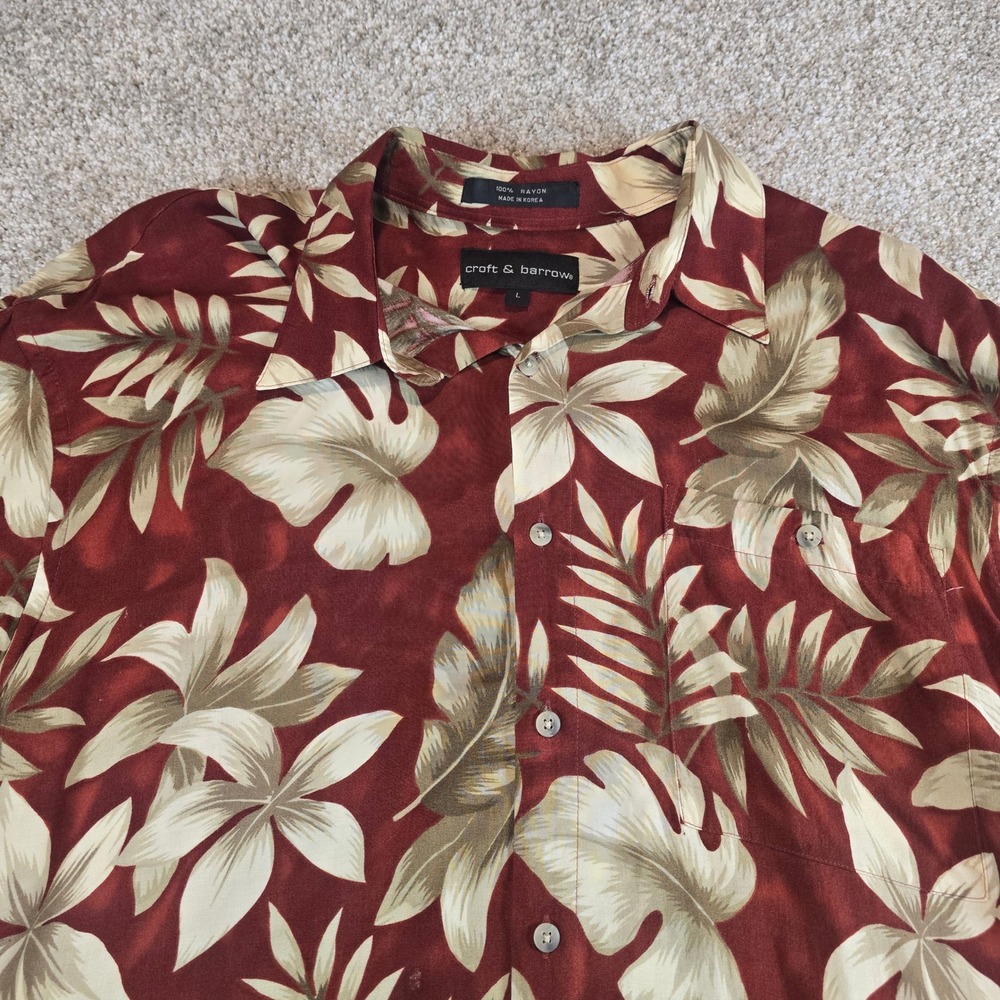 Croft & Barrow Mens Large Red Tropical Floral Rayon Short Sleeve Button Up Shirt